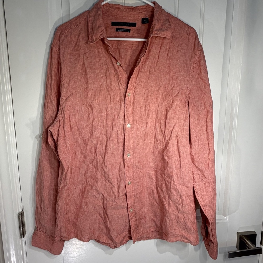 Perry Ellis 100% Linen Coral Button Front Shirt Men's Large